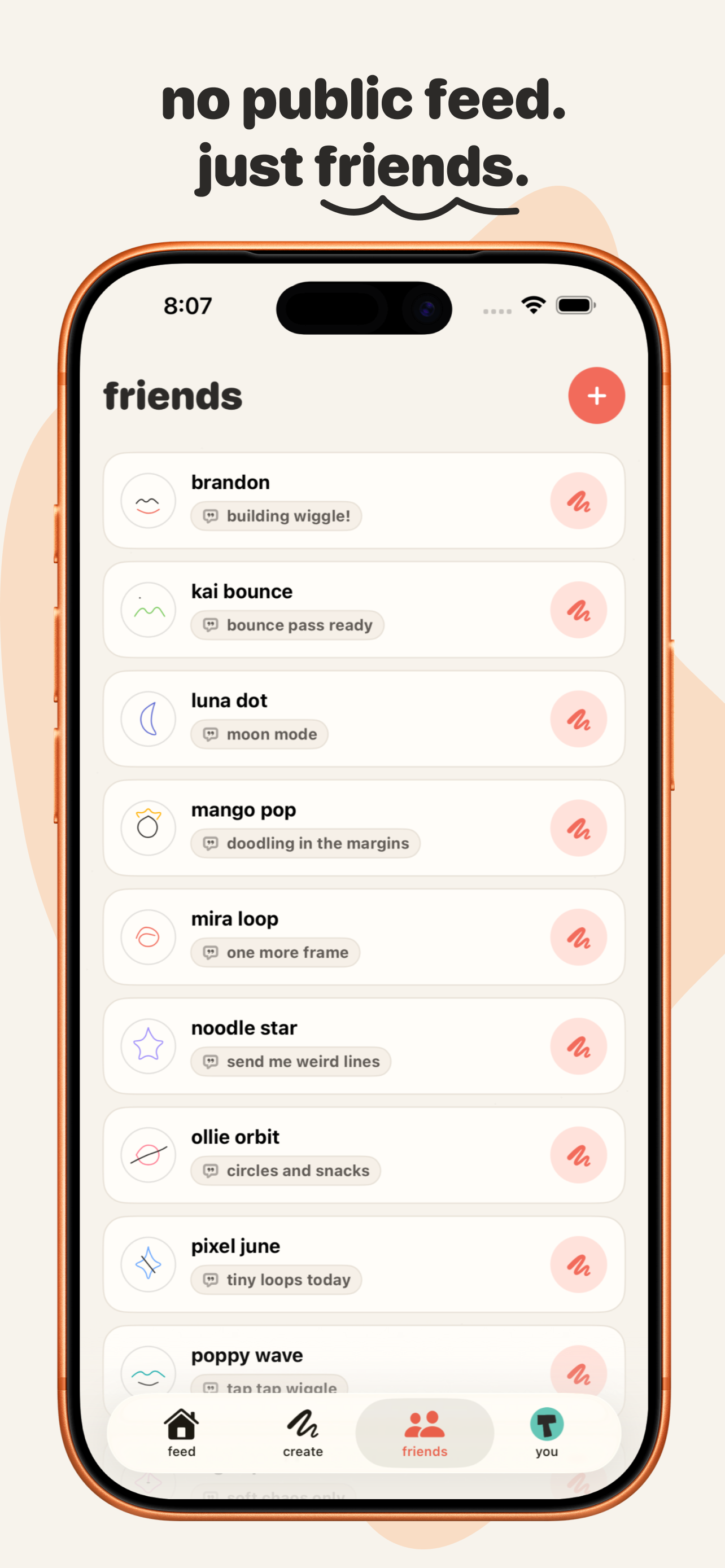 Wiggle App Store image saying no public feed, just friends